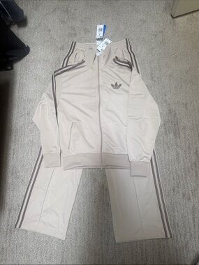 adidas Kids Beige Track Jacket & Joggers Set with Brown Stripes